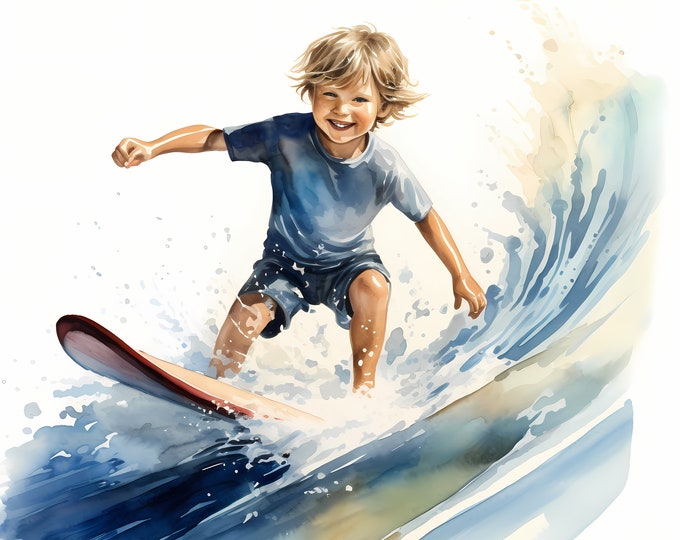 Child Surfing Clipart, Young Surfer Images, 10 Watercolor Clip Art, Printable JPGs, Instant Download, Commercial Use, Paper craft