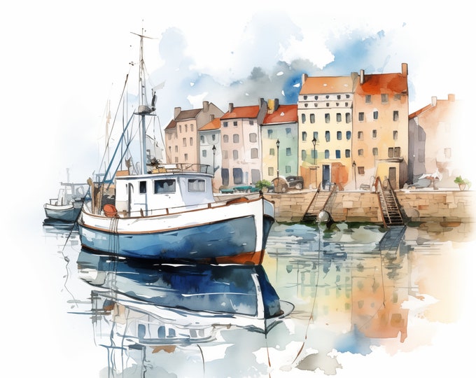 Harbour Landscape Clipart, Ship in Harbor Images, 10 Watercolor Clip Art, Printable JPGs, Instant Download, Commercial Use, Paper craft