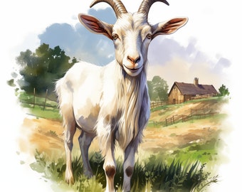 Watercolor Farm Goat Clipart: Printable JPG Images, Commercial Use (Digital Download)