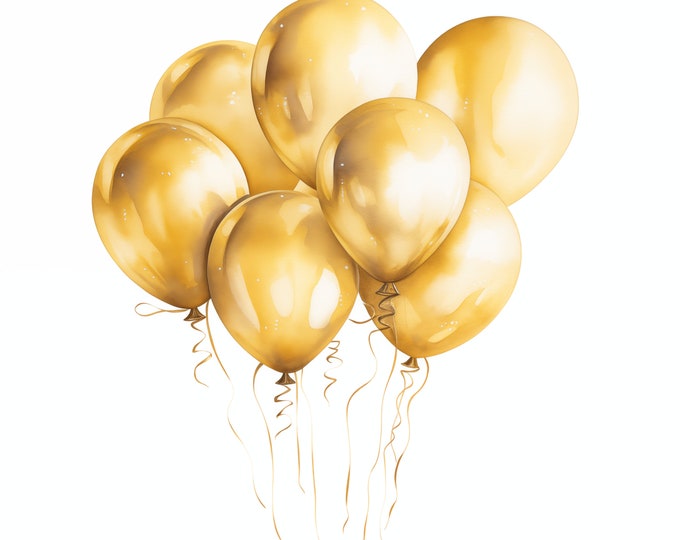Golden Balloons Clipart, Party Balloons Images, 10 Watercolor Clip Art, Printable JPGs, Instant Download, Commercial Use, Paper craft