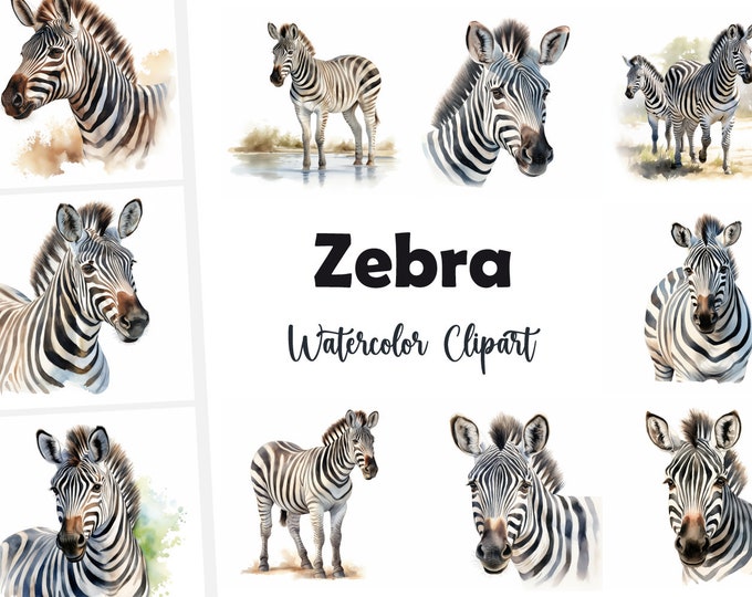 Zebra Clipart, Zebra Images, 10 Watercolor Clip Art, Printable JPGs, Instant Download, Commercial Use, Paper craft