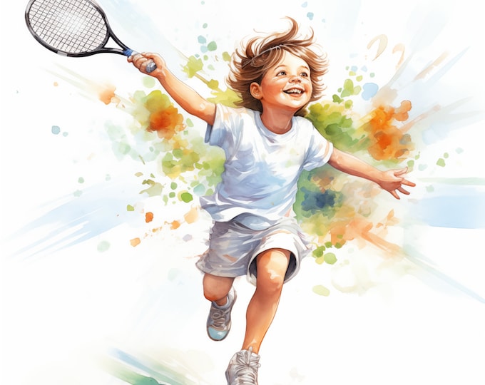 Tennis Clipart, Kids Tennis Images, 10 Watercolor Clip Art, Printable JPGs, Instant Download, Commercial Use, Paper craft