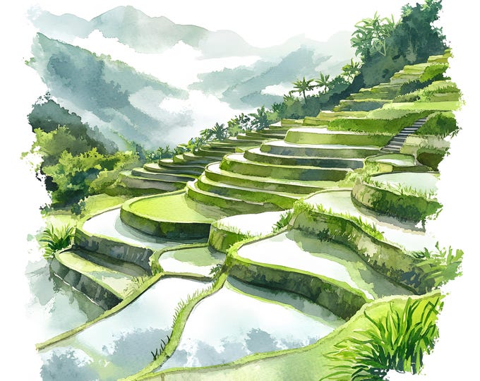 Terraced Fields Clipart, Rice Fields Images, 10 Watercolor Clip Art, Printable JPGs, Instant Download, Commercial Use, Paper craft
