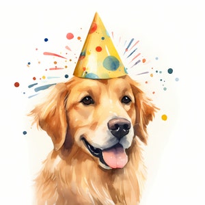 Golden Retreiver-clipart, hond met afbeeldingen van verjaardagshoed, 10 aquarel-illustraties, afdrukbare JPG, Instant Download, Commercieel gebruik, Papercraft