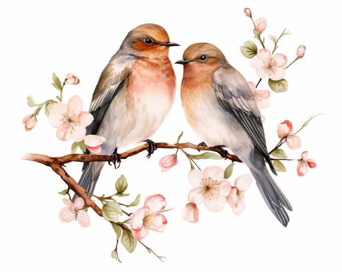 Romantic Birds Clipart, Birds Couple Images, 10 Watercolor Clip Art, Printable JPGs, Instant Download, Commercial Use, Paper craft