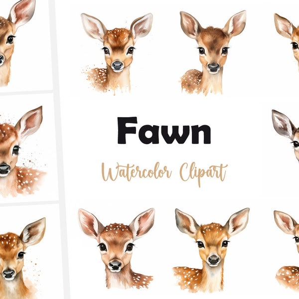 Fawn Baby, Baby Deer, Forest Animal - Watercolor Clipart Set with 12 JPG Images - Instant Download, Commercial Use, Digital Prints