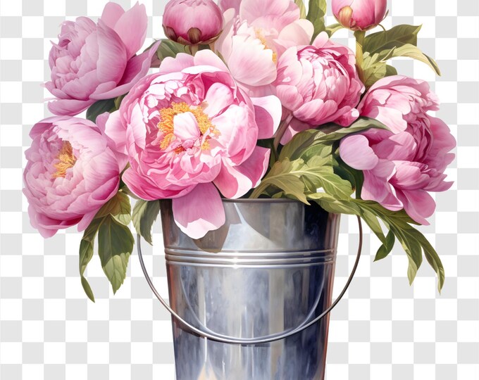 10 PNG Peonies Bouquet, Peonies In Bucket Clipart, Watercolor Clip Art, Instant Download, Commercial Use, Paper craft