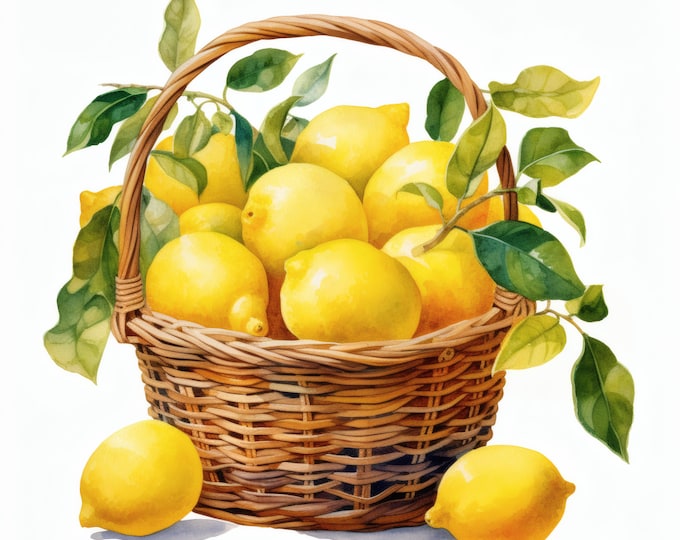 Lemon Basket Clipart, Fresh Citrus Fruits Images, 10 Watercolor Clip Art, Printable JPGs, Instant Download