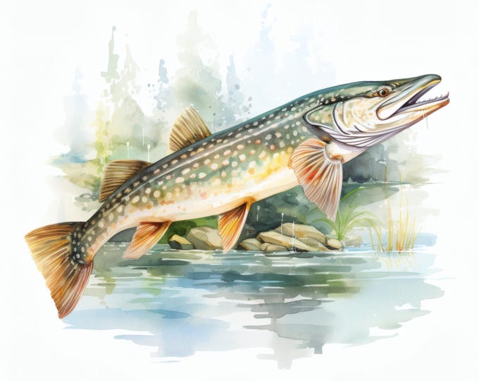 Northern Pike Clipart, Freshwater Fish Images, 10 Watercolor Clip Art, Printable JPGs, Instant Download, Commercial Use, Paper craft
