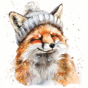 Fuchs in Wollmütze Clipart, Winter Füchse Bilder, 10 Aquarell Clip Art, druckbare JPGs, Sofort Download, kommerzielle Nutzung, Papiermodell