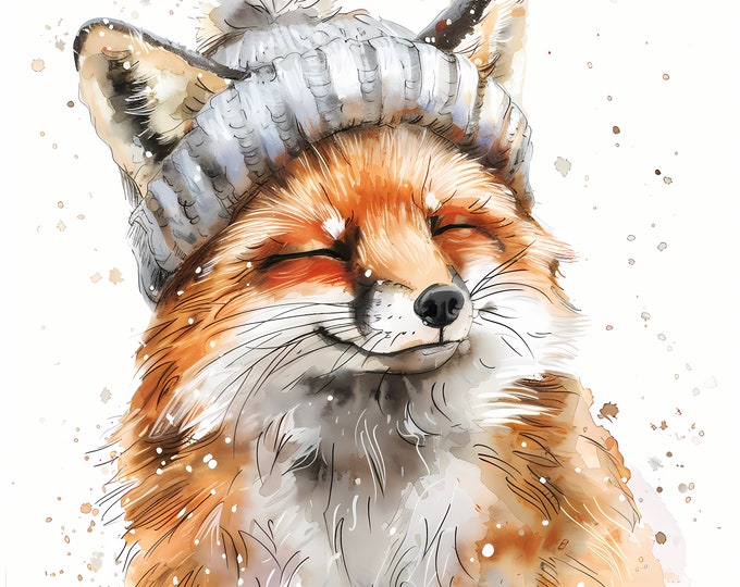 Fox in Wool Hat Clipart, Winter Foxes Images, 10 Watercolor Clip Art, Printable JPGs, Instant Download, Commercial Use, Paper craft