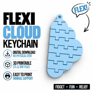 Könnte beinhalten: Ein hellblauer, beweglicher Wolken-Schlüsselanhänger mit segmentiertem Design. Der Text umfasst FLEXI CLOUD KEYCHAIN, DIGITAL DOWNLOAD NO PHYSICAL ITEM, 3D PRINTABLE STL & 3MF FILES, EASY TO PRINT MINIMAL SUPPORT, FLEX! und FIDGET • FUN • RELIEF.