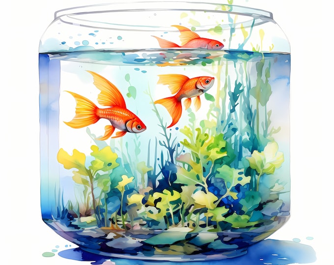Aquarium Clipart, Aquarium Fish In Jar Images, 10 Watercolor Clip Art, Printable JPGs, Instant Download, Commercial Use, Paper craft