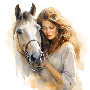 Clipart donna e cavallo, immagini di cavalli da fattoria, 10 clipart ad acquerello, JPG stampabili, download immediato, uso commerciale, artigianato di carta