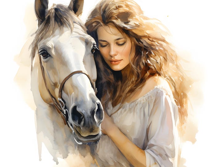 Woman and Horse Clipart, Farm Horse Images, 10 Watercolor Clip Art, Printable JPGs, Instant Download, Commercial Use, Paper craft