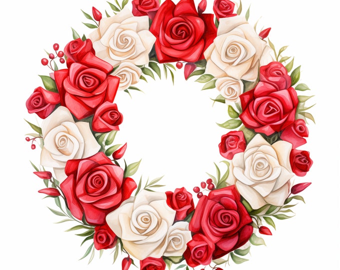 Roses Wreath Clipart, Red and White Roses Images, 10 Watercolor Clip Art, Printable JPGs, Instant Download, Commercial Use, Paper craft