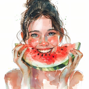 Femme mangeant des cliparts pastèque, 10 cliparts aquarelle, fichiers JPG imprimables, téléchargement immédiat, usage commercial, créations en papier