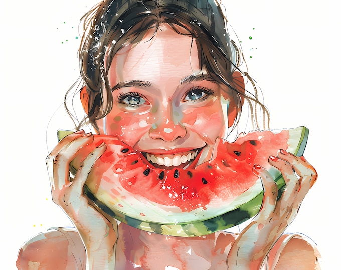Woman Eating Watermelon Clipart, 10 Watercolor Clip Art, Printable JPGs, Instant Download, Commercial Use, Paper craft