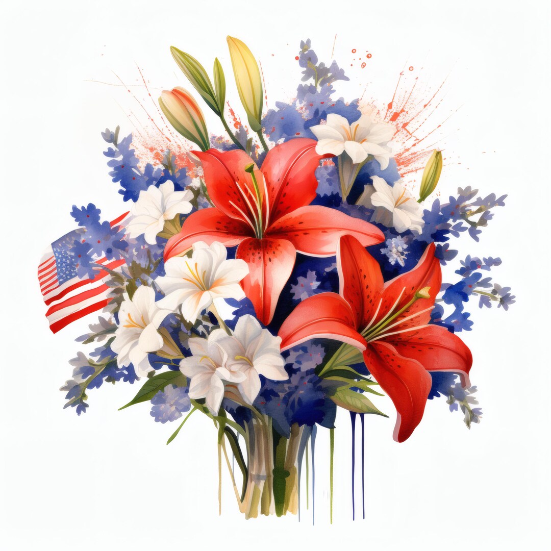 Patriotic Flower Bouquet Clipart, Red White Blue Floral Images, 10 ...