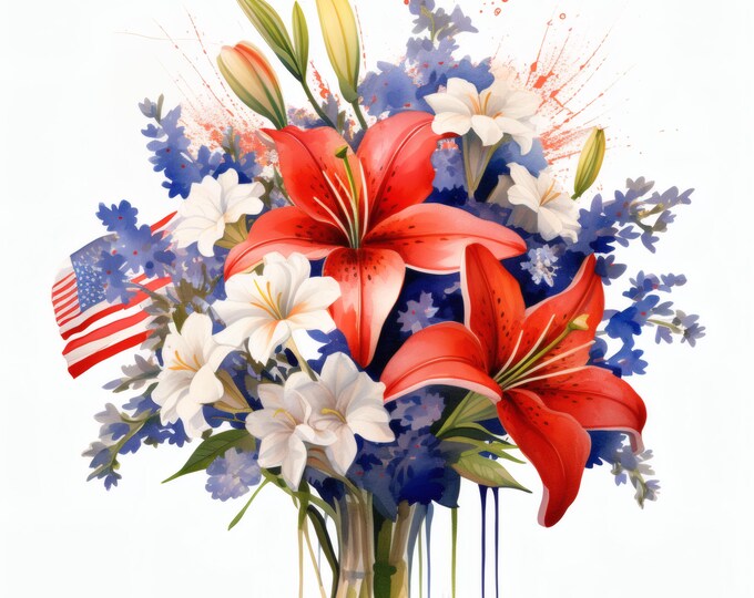Patriotic Flower Bouquet Clipart, Red White Blue Floral Images, 10 Watercolor Clip Art, Printable JPGs, Instant Download, Commercial Use
