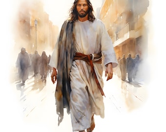 Jesus Walking in City Watercolor Clipart: Printable JPGs (Commercial Use)