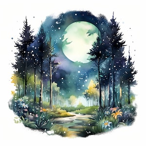 魔法の夜の森のクリップアート、魔法の森の画像、水彩画のクリップアート 10 点、印刷可能な JPG、即時ダウンロード、商用利用、ペーパークラフト