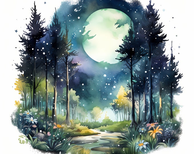 Magical Night Forest Clipart, Enchanted Forest Images, 10 Watercolor Clip Art, Printable JPGs, Instant Download, Commercial Use, Paper craft