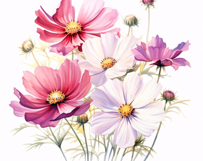 Pink Flower Clipart, Bloom Flower Images, 10 Watercolor Clip Art, Printable JPGs, Instant Download, Commercial Use