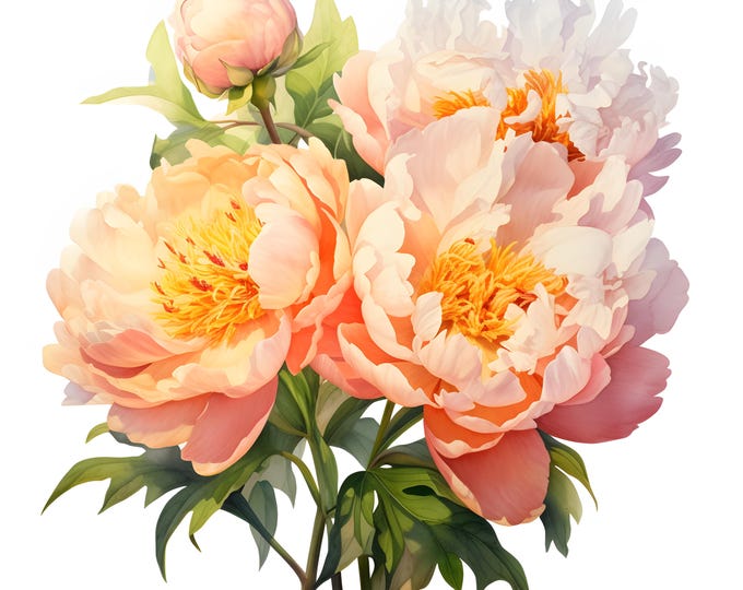 Peach Peonies Clipart, Peony Bouquet Images, 10 Watercolor Clip Art, Printable JPGs, Instant Download, Commercial Use, Paper craft