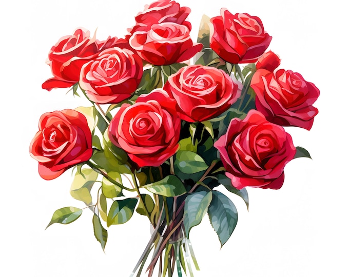 Red Roses Clipart, Roses Bouquet Images, 10 Watercolor Clip Art, Printable JPGs, Instant Download, Commercial Use, Paper craft