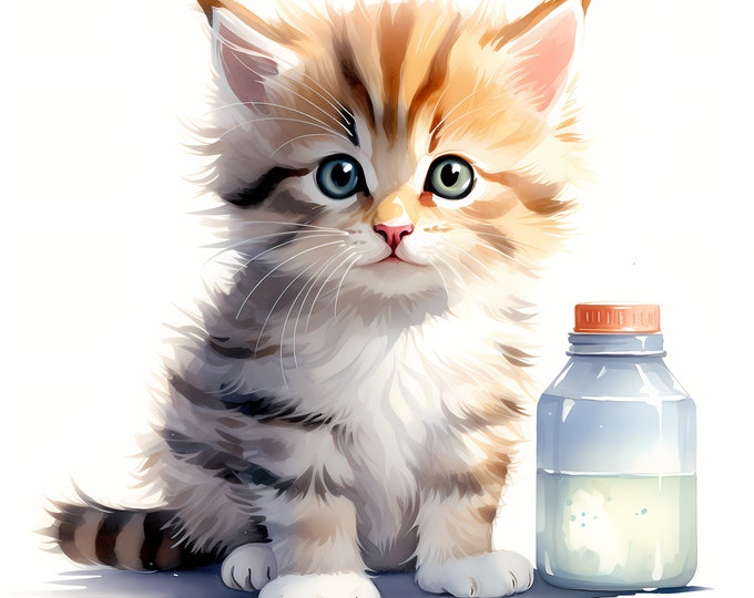Kitten with Bottle Clipart, Baby Cat Images, 10 Watercolor Clip Art, Printable JPGs, Instant Download, Commercial Use, Paper craft