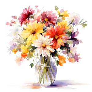Watercolor Flowers In Vase Clipart: Floral JPG Images (Digital Download)
