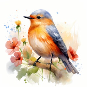 Pássaro com flores, clipart, imagens de pássaros florais, 10 clipart em aquarela, JPGs para impressão, download instantâneo, uso comercial, artesanato em papel
