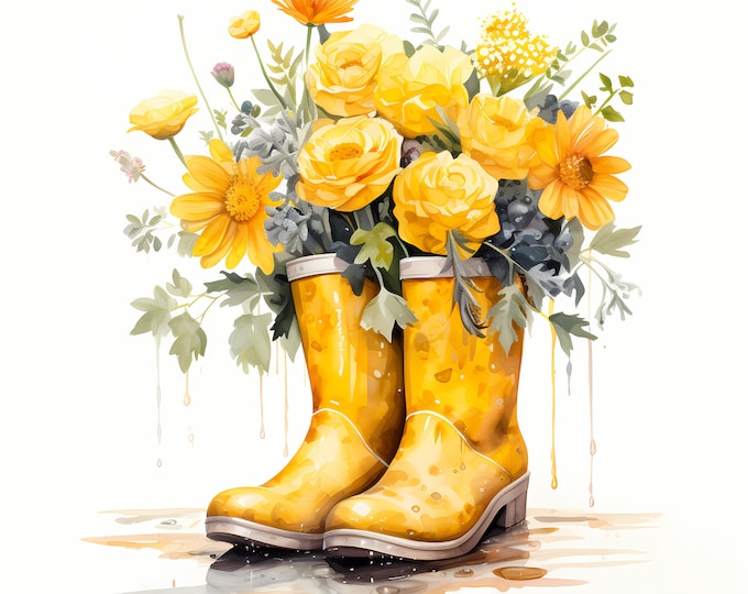 Yellow Rainboots Clipart, Flowers Rain Boot Images, 10 Watercolor Clip Art, Printable JPGs, Instant Download, Commercial Use, Paper craft