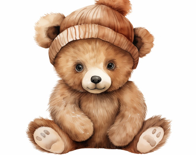 Baby Bear Clipart, Brown Bear in Hat Images, 10 Watercolor Clip Art, Printable JPGs, Instant Download, Commercial Use, Paper craft
