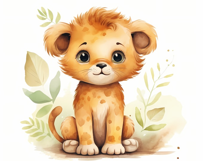 Baby Leo Clipart, Cute Lion Images, 10 Watercolor Clip Art, Printable JPGs, Instant Download, Commercial Use, Paper craft