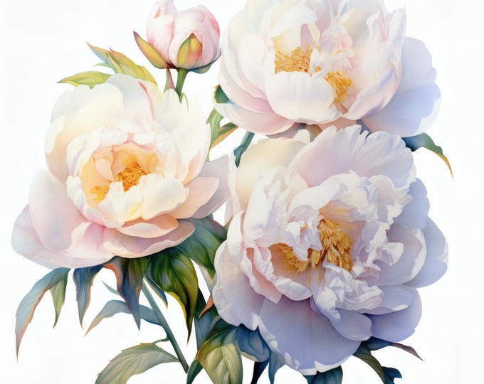 White Peony Flowers Clipart, Elegant Floral Images, 10 Watercolor Clip Art, Printable JPGs, Instant Download, Commercial Use, Paper craft