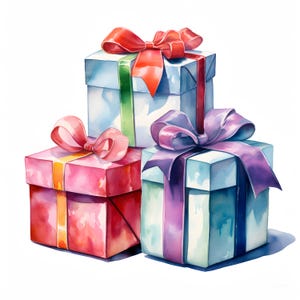 Geschenk Boxen Clipart, Boxen mit Schleifen Bilder, 10 Aquarell Clip Art, druckbare JPGs, Sofort Download, Kommerzielle Nutzung, Papierhandwerk