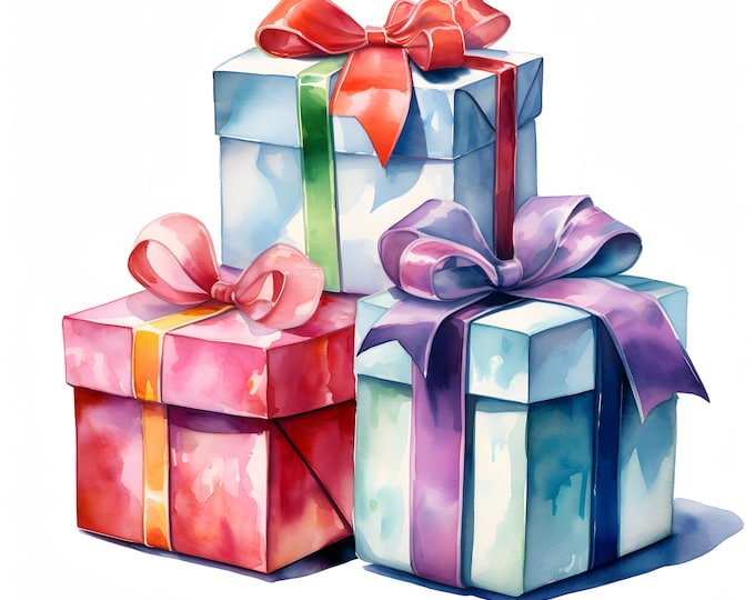 Gift Boxes Clipart, Boxes With Bows Images, 10 Watercolor Clip Art, Printable JPGs, Instant Download, Commercial Use, Paper craft