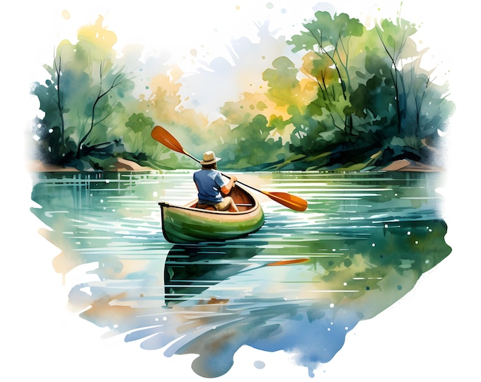 Canoeing Clipart, Canoe in Lake Images, 10 Watercolor Clip Art, Printable JPGs, Instant Download, Commercial Use, Paper craft