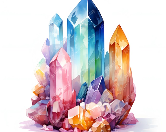 Crystals Gemstones Clipart, Colored Stones Images, 10 Watercolor Clip Art, Printable JPGs, Instant Download, Commercial Use, Paper craft