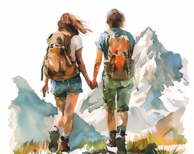 Hiking Clipart, Friends Hiking Images, 10 Watercolor Clip Art, Printable JPGs, Instant Download, Commercial Use, Paper craft