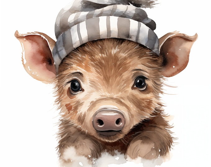Baby Boar Clipart, Wild Boar in Hat Images, 10 Watercolor Clip Art, Printable JPGs, Instant Download, Commercial Use, Paper craft