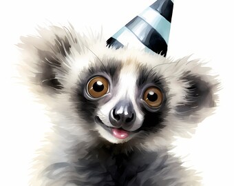 Watercolor Lemur Clipart: Party Hat Images (JPGs, Instant Download)