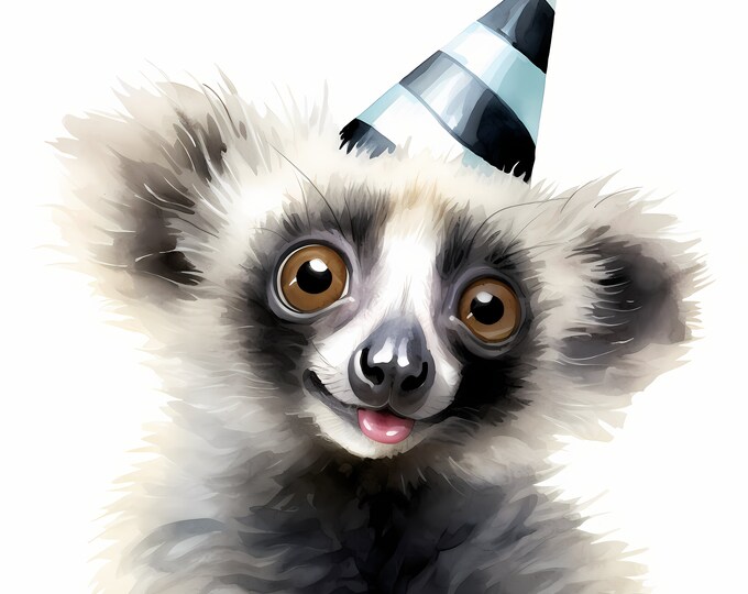 Lemur Clipart, Lemur with Party Hat Images, 10 Watercolor Clip Art, Printable JPGs, Instant Download, Commercial Use, Paper craft