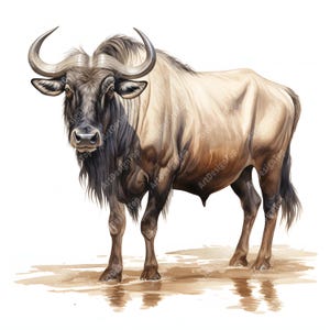 Watercolor Wildebeest Clipart: African Animal Illustration (JPG Download, Commercial Use)
