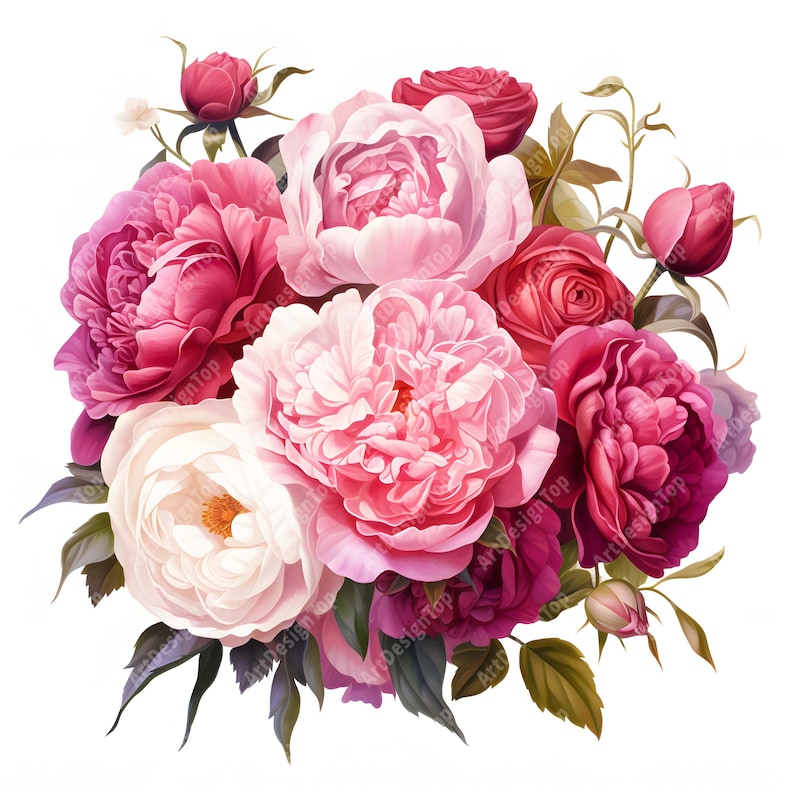 Watercolor Roses & Peonies Clipart: Flower Bouquet Images (jpgs ...