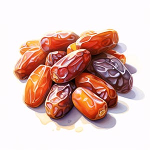 Puede incluir: Un montón de dátiles, mostrando una variedad de colores que van desde el naranja claro hasta el marrón rojizo oscuro. Los dátiles tienen un aspecto brillante, con texturas visibles y sombras suaves, que sugieren una pintura de acuarela. La composición está sobre un fondo blanco.