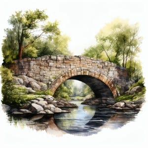 Può includere: Dipinto ad acquerello di un ponte in pietra che si inarca su un fiume calmo. Il ponte è costruito con pietre erose e lussureggianti alberi verdi incorniciano la scena. L'acqua riflette il ponte e il fogliame circostante.