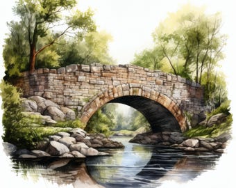 Puede incluir: Pintura a la acuarela de un puente de piedra que se arquea sobre un río tranquilo. El puente está construido con piedras desgastadas y exuberantes árboles verdes enmarcan la escena. El agua refleja el puente y el follaje circundante.